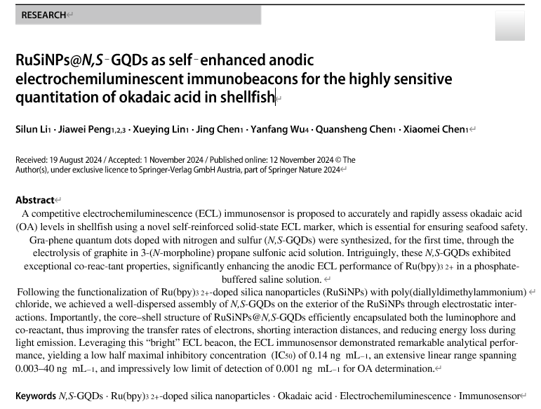 RuSiNPs@N,S-GQDs as self-enhanced anodic electrochemiluminescent immunobeacons for the highly sensitive quantitation of okadaic acid in shellfish